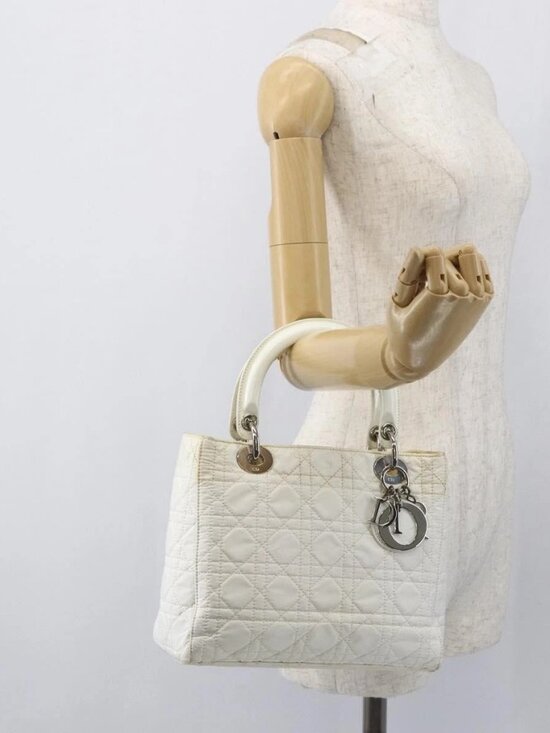 Dior Handbags - Christian Dior Lady Dior Canage Hand Bag Nylon White Silver Auth 158966